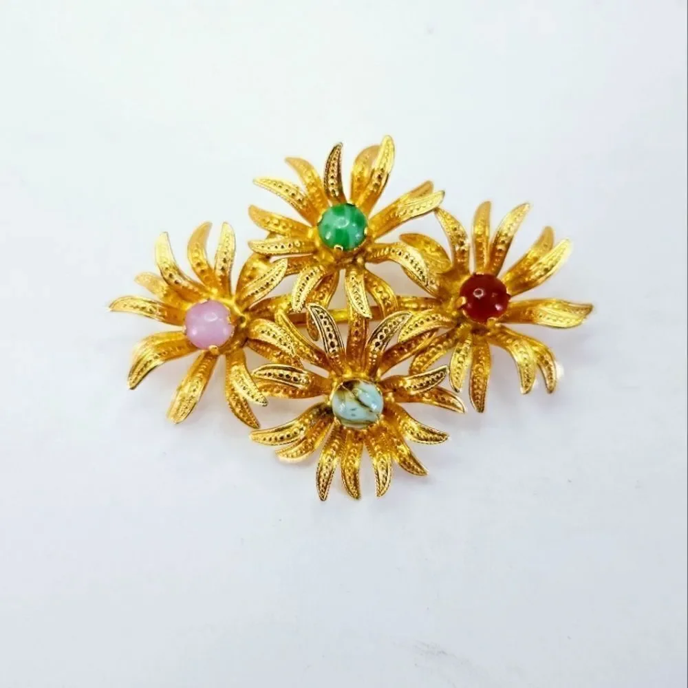 Vintage Signed Austria Gold Tone Prong Set Rhinestone Cabochon Floral Brooch Pin